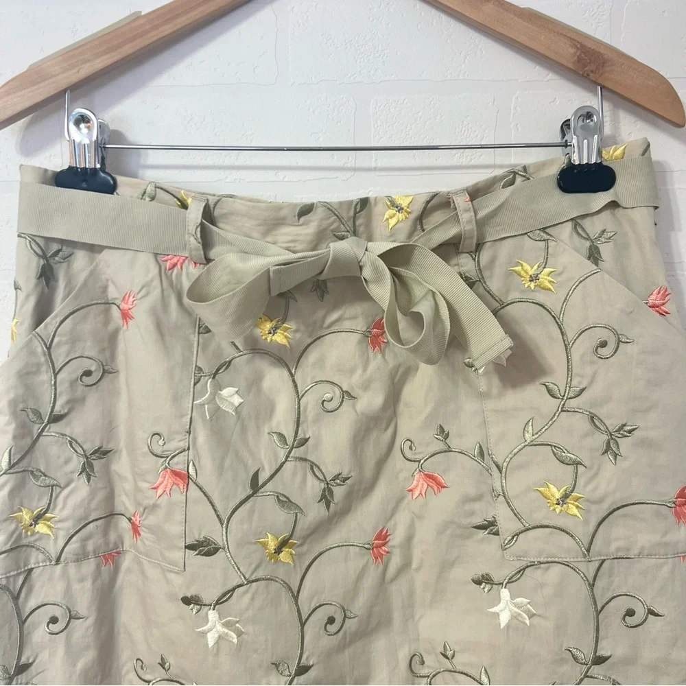 Orvis Tan Floral Embroidered A-Line  Cottagecore Grannycore Midi Skirt Cotton 14